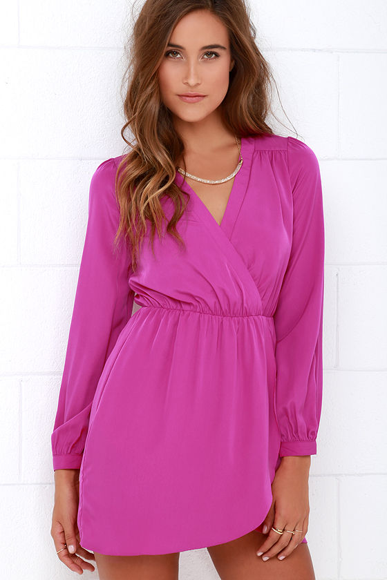 Cute Magenta Dress - Wrap Dress - Long Sleeve Dress - $49.00 - Lulus